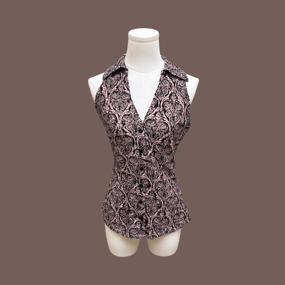 INC Damask Halter Top | Pink & Black Velvet | Size M | Vintage - Picture 1 of 4